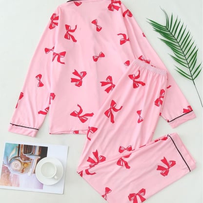 Christmas Womens Christmas Pajamas Button-Up Bow Print Set