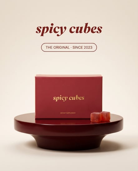 An authentic Spicy Cubes box on a lacquered oxblood pedestal, with the spicy cubes wordmark and the badge The Original since 2023 above it, two cubes resting beside the box