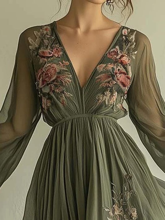 Freya | Women's Embroidered Chiffon Maxi Dress