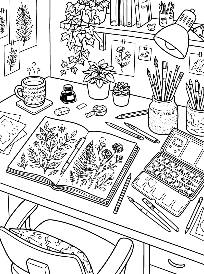 Artist Studio Desk & Plants