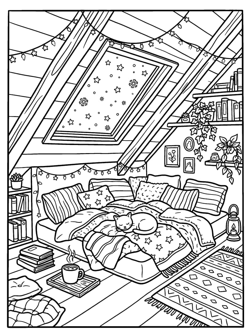 Starlit Attic Nook & Sleeping Cat