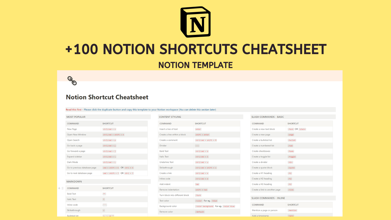 Notion Shortcuts Cheatsheet