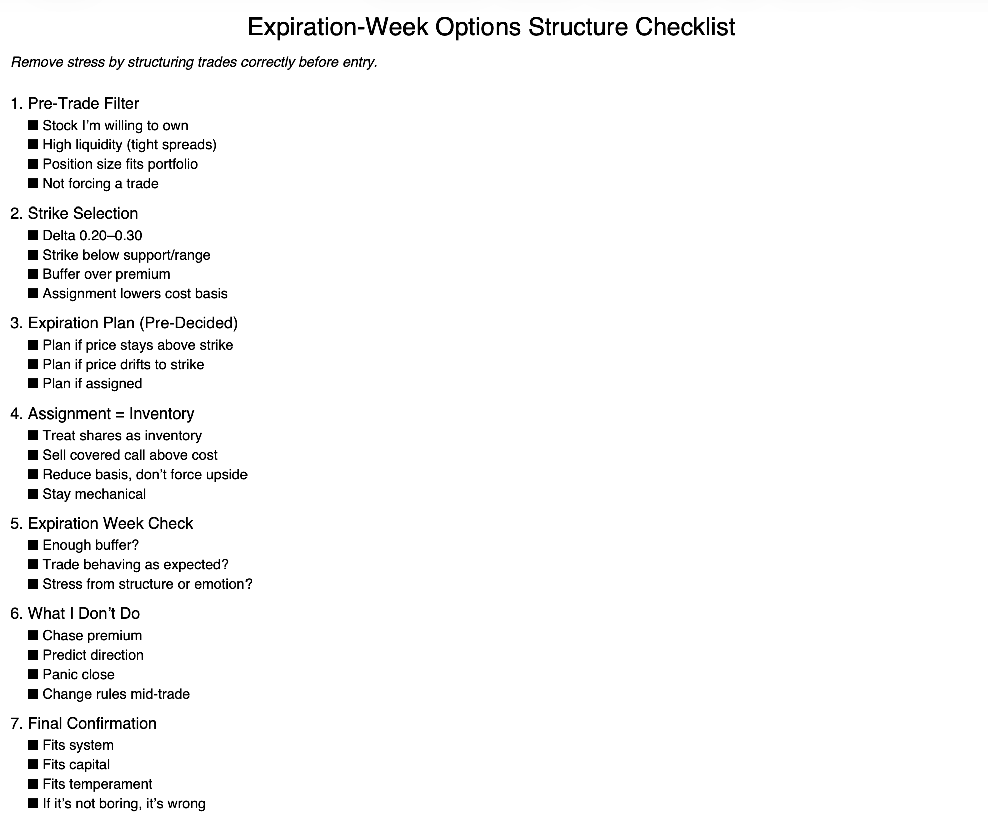 Weekly Options Checklist
