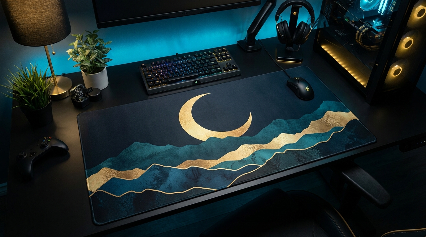 Golden Moon Mountain Landscape Desk Mat | Large Gaming Mousepad