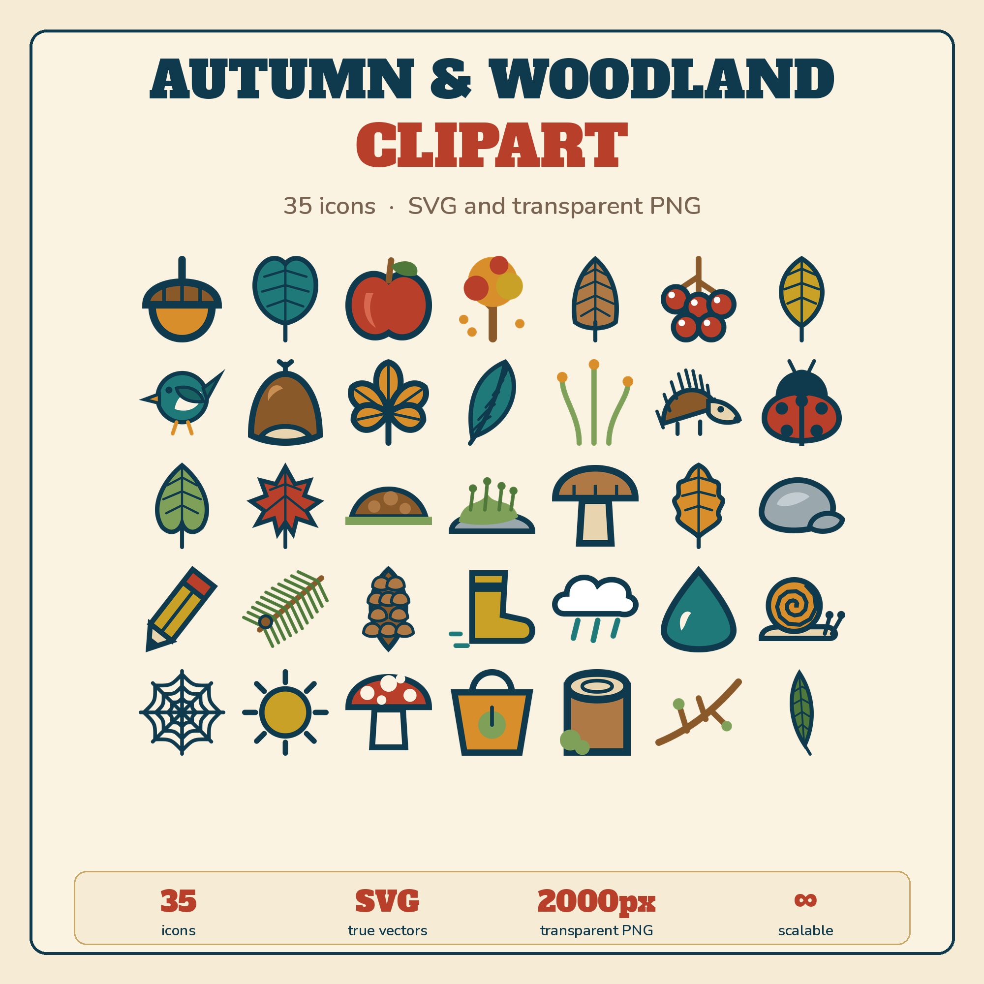Autumn & Woodland Clipart — 35 Hand Drawn SVG & PNG Icons
