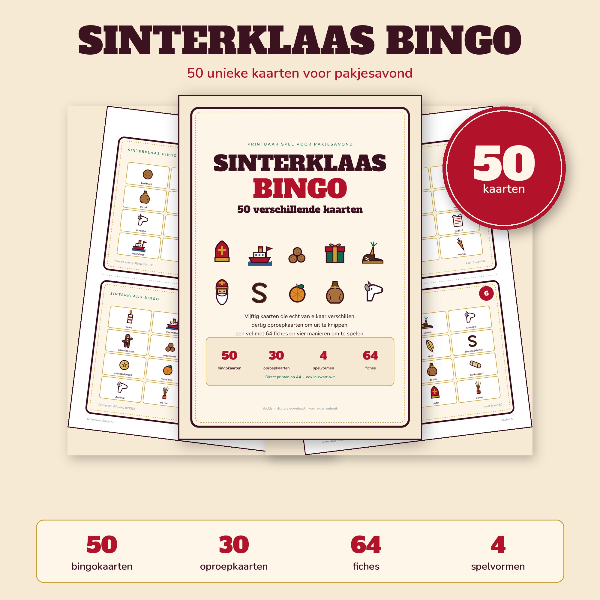 Sinterklaas Bingo — 50 Kaarten