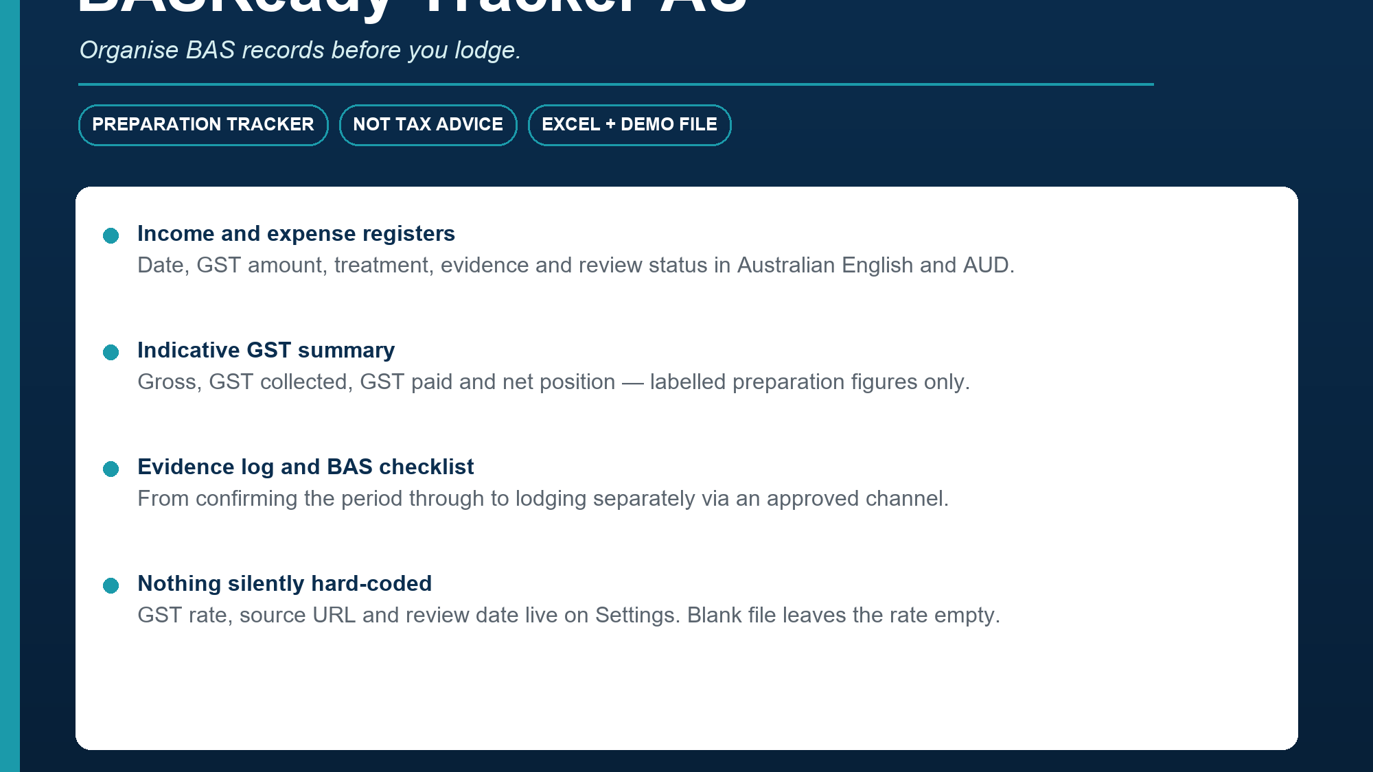 BASReady Tracker AU — GST record-keeping workbook (Excel)