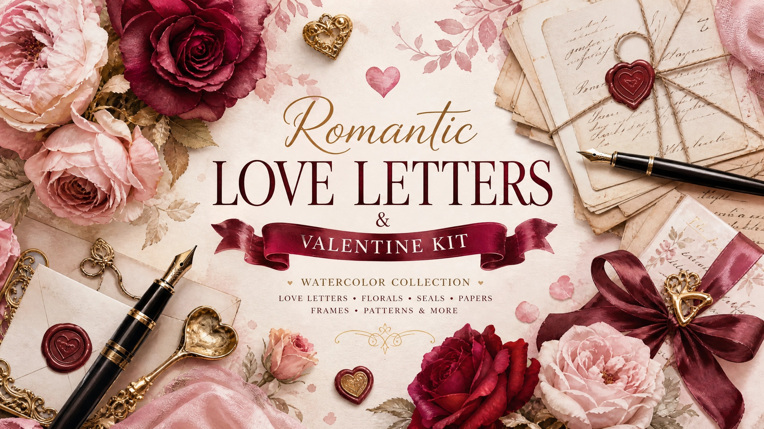 Romantic Love Letters & Valentine Kit - 10 Page Watercolor Printable Stationery 