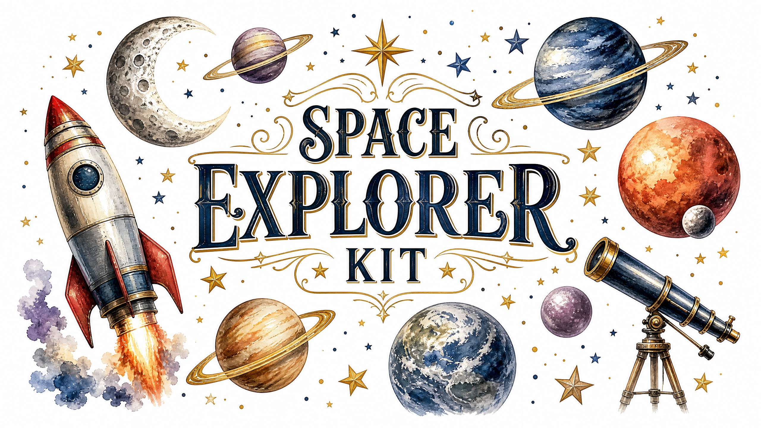 Vintage Space Explorer Printable Kit | 10-Page Watercolor Ephemera Set