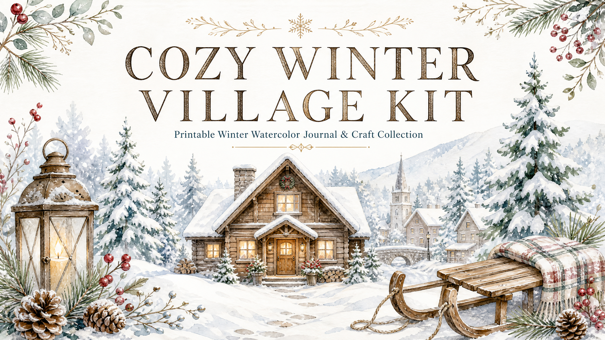 Cozy Winter Village Kit – 20-Page Printable Watercolor Craft Bundle