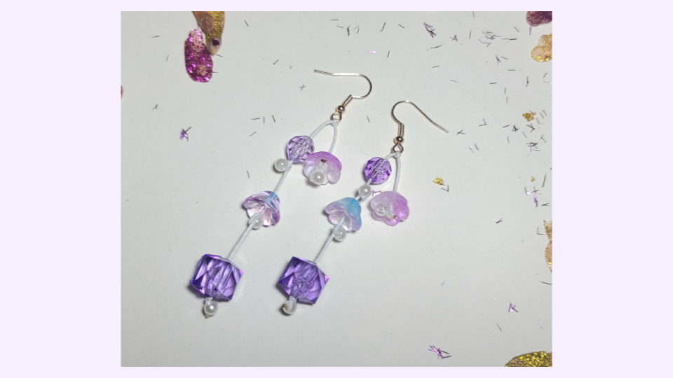 Geometric-bloom-violet, translucent cube, floral glass with silver tone