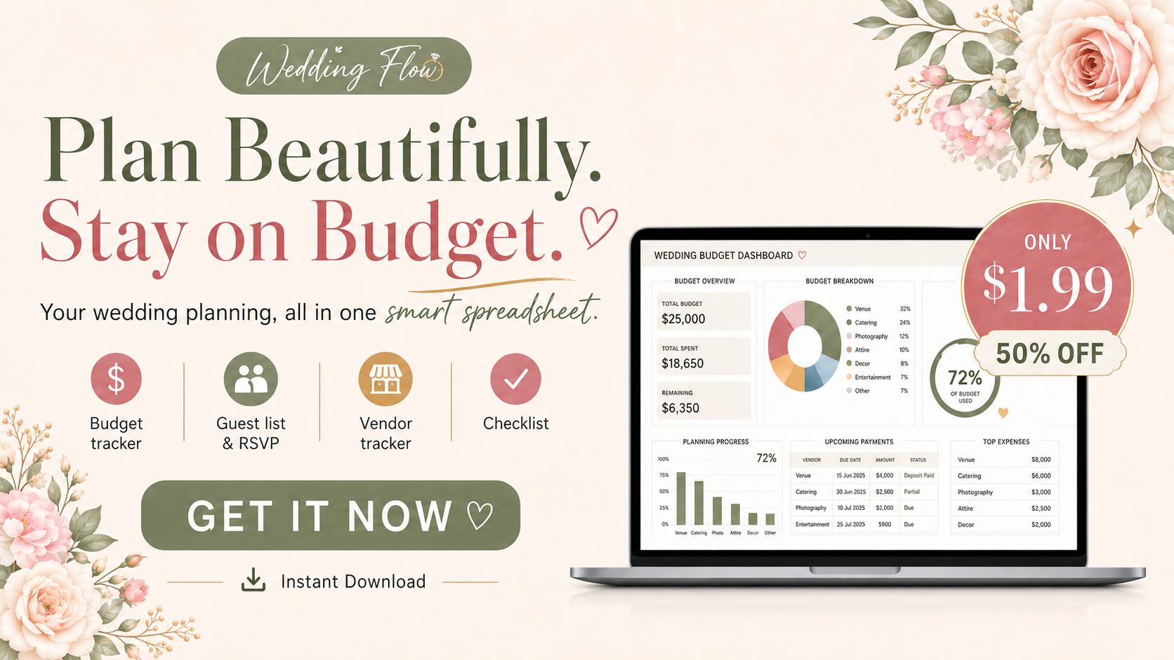WeddingFlow: Wedding Budget & Planning Spreadsheet