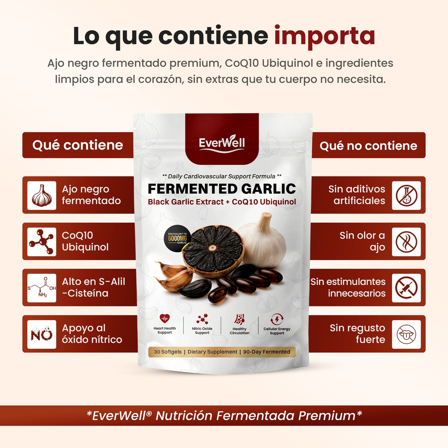 EverWell® Extracto de Ajo Negro Fermentado + CoQ10 Ubiquinol | Cápsulas Blandas Sin Olor de 6000 mg
