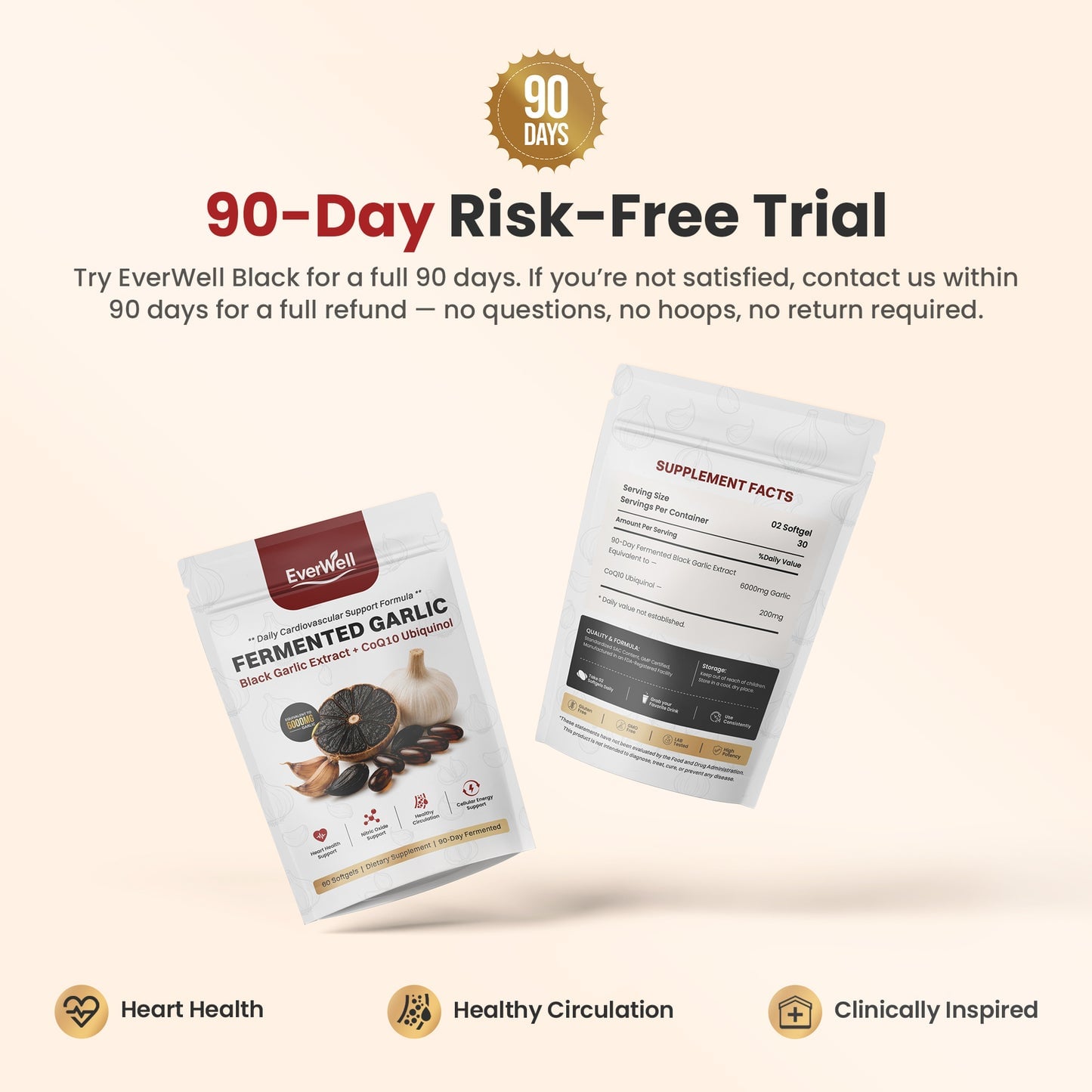 EverWell® Fermented Black Garlic Extract + CoQ10 Ubiquinol | 6000mg Odorless Softgels