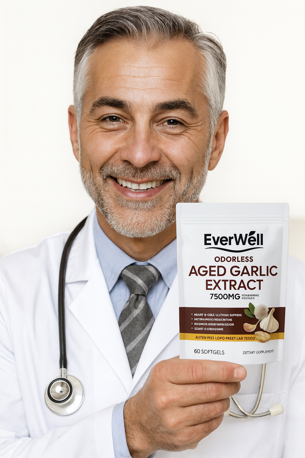Man holding Micro Ingredients Aged Garlic Extract softgels