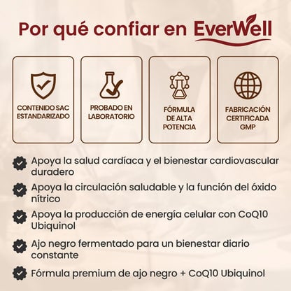 EverWell® Extracto de Ajo Negro Fermentado + CoQ10 Ubiquinol | Cápsulas Blandas Sin Olor de 6000 mg