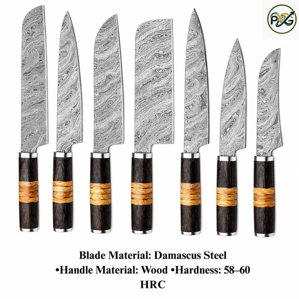 7-Piece Damascus Knife Set — Two-Tone Wood Handle handmade in Wazirabad, Punjab, Pakistan