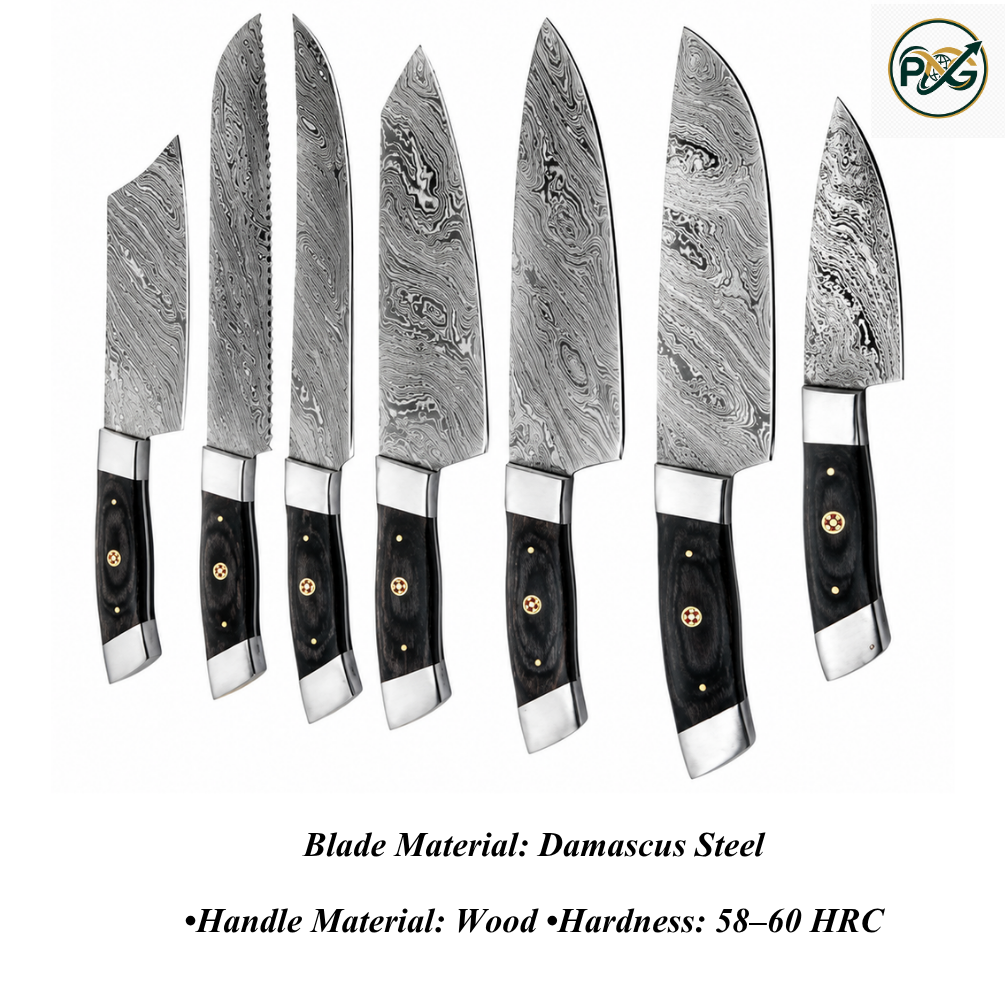 7-Piece Damascus Knife Set — Ebony Wood Handle handmade in Wazirabad, Punjab, Pakistan