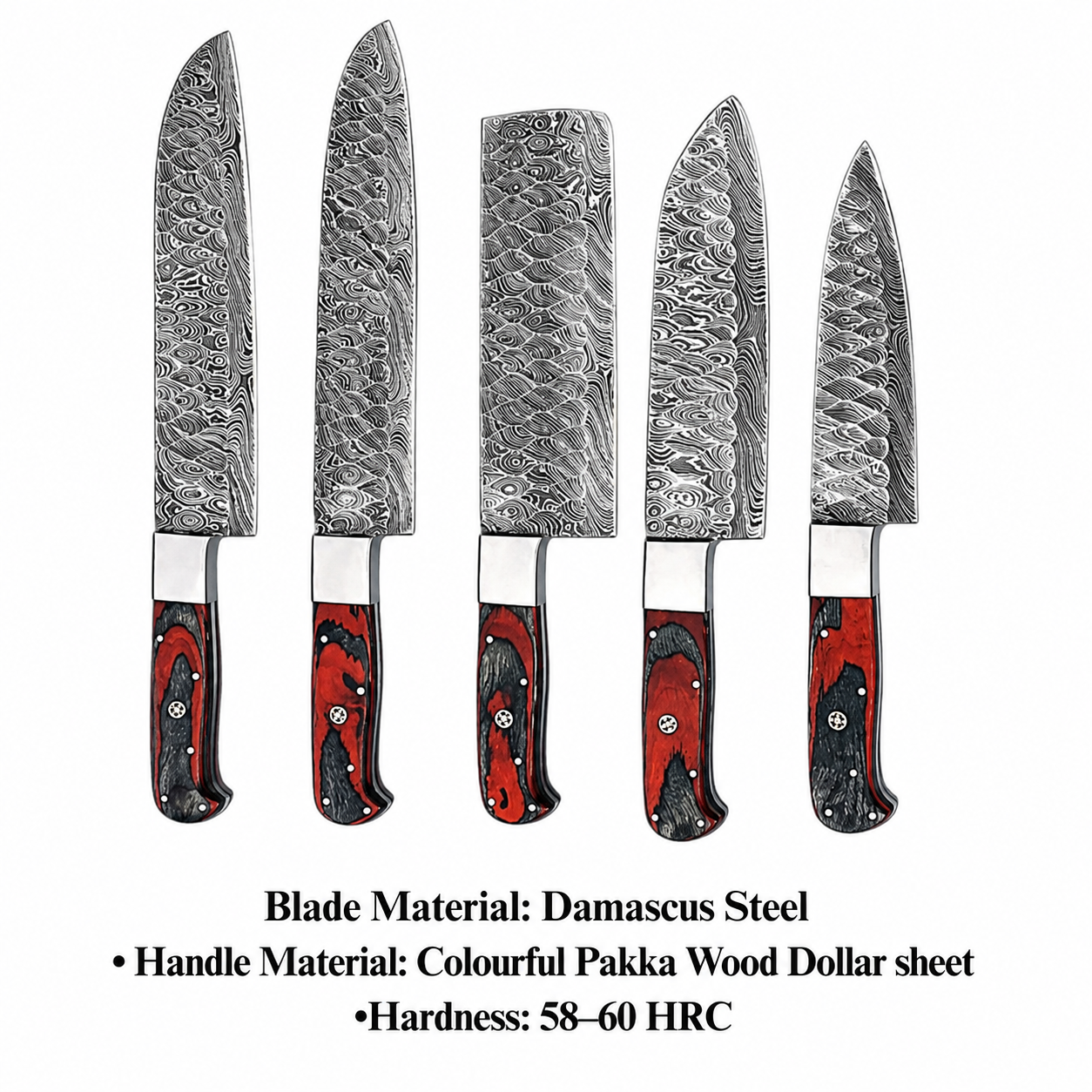 5-Piece Damascus Knife Set — Pakka Wood Handle handmade in Wazirabad, Punjab, Pakistan