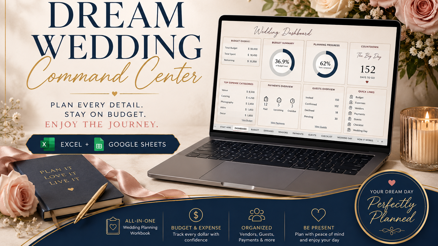 Dream Wedding Command Center — Wedding Planning & Budget Spreadsheet (Excel + Go