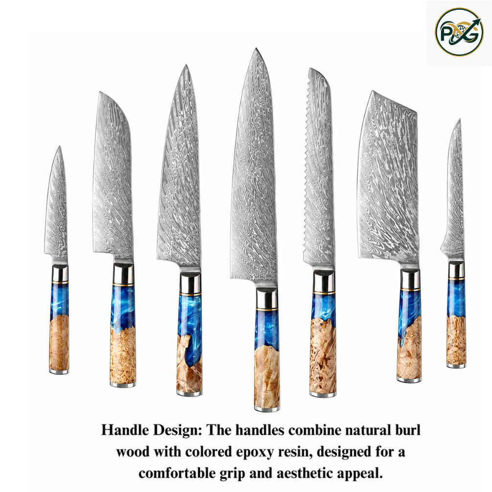 7-Piece Damascus Knife Set — Blue Resin & Burl Wood Handle handmade in Wazirabad, Punjab, Pakistan