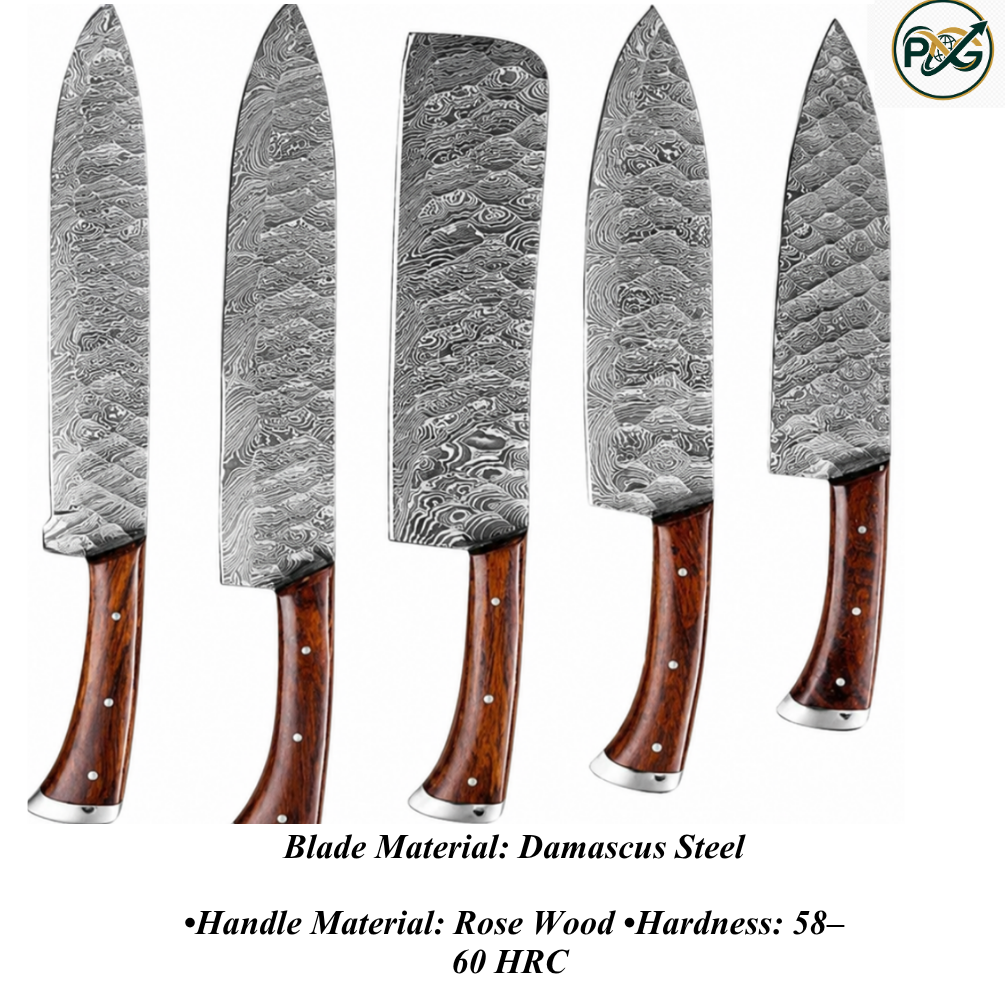5-Piece Damascus Knife Set — Rose Wood Handle handmade in Wazirabad, Punjab, Pakistan
