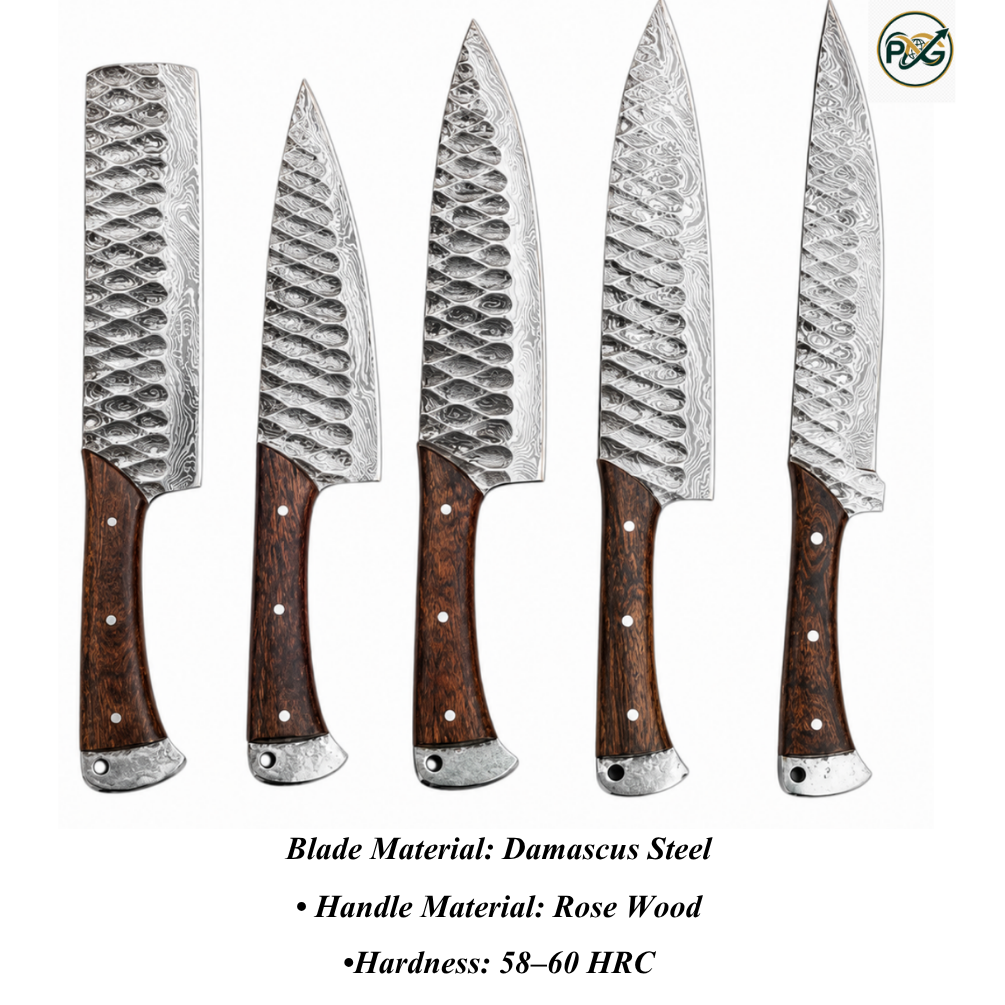 5-Piece Damascus Knife Set — Rustic Rose Wood Handle handmade in Wazirabad, Punjab, Pakistan