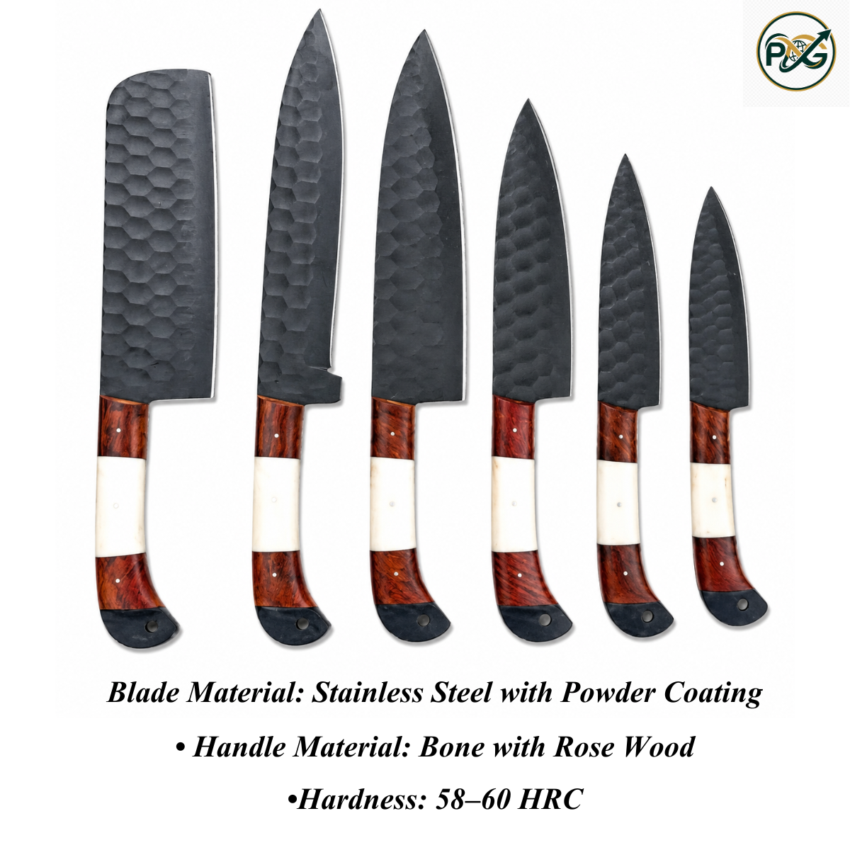 6-Piece Damascus Knife Set — Rose Wood & Bone Handle handmade in Wazirabad, Punjab, Pakistan