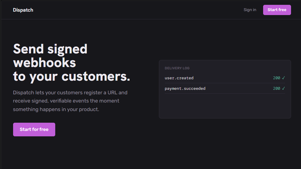 Dispatch — Outbound Webhooks SaaS Starter (HMAC Signing)
