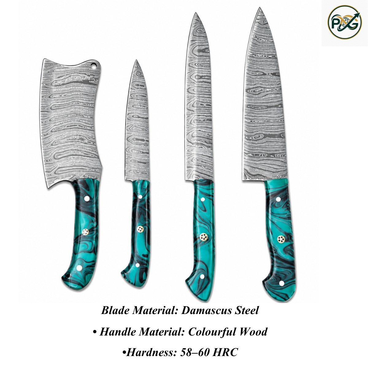 4-Piece Damascus Knife Set — Turquoise Resin Handle handmade in Wazirabad, Punjab, Pakistan