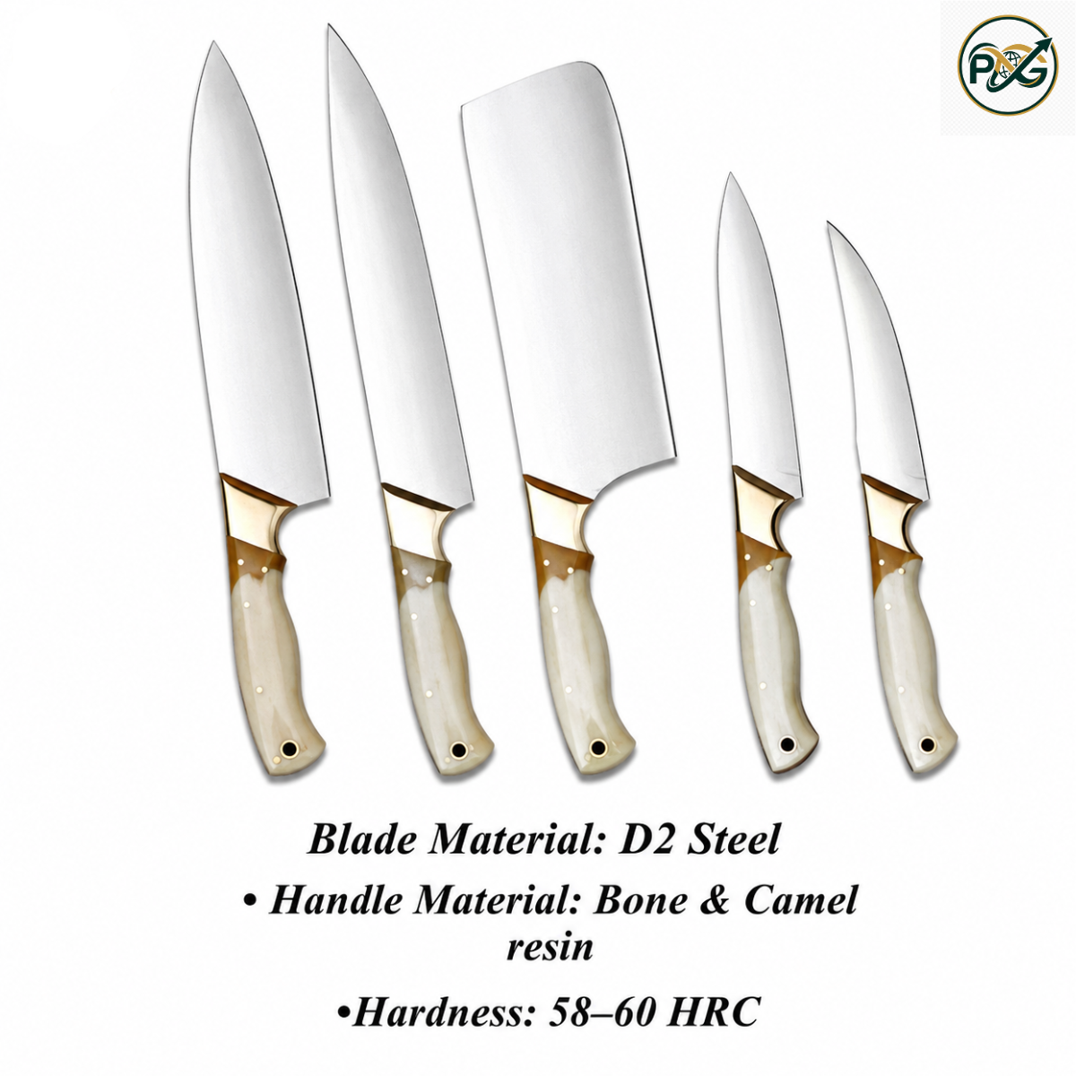 5-Piece Kitchen Knife Set — Bone & Camel Resin Handle handmade in Wazirabad, Punjab, Pakistan