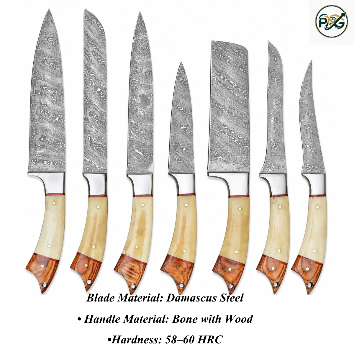 7-Piece Damascus Knife Set — Bone & Wood Handle handmade in Wazirabad, Punjab, Pakistan
