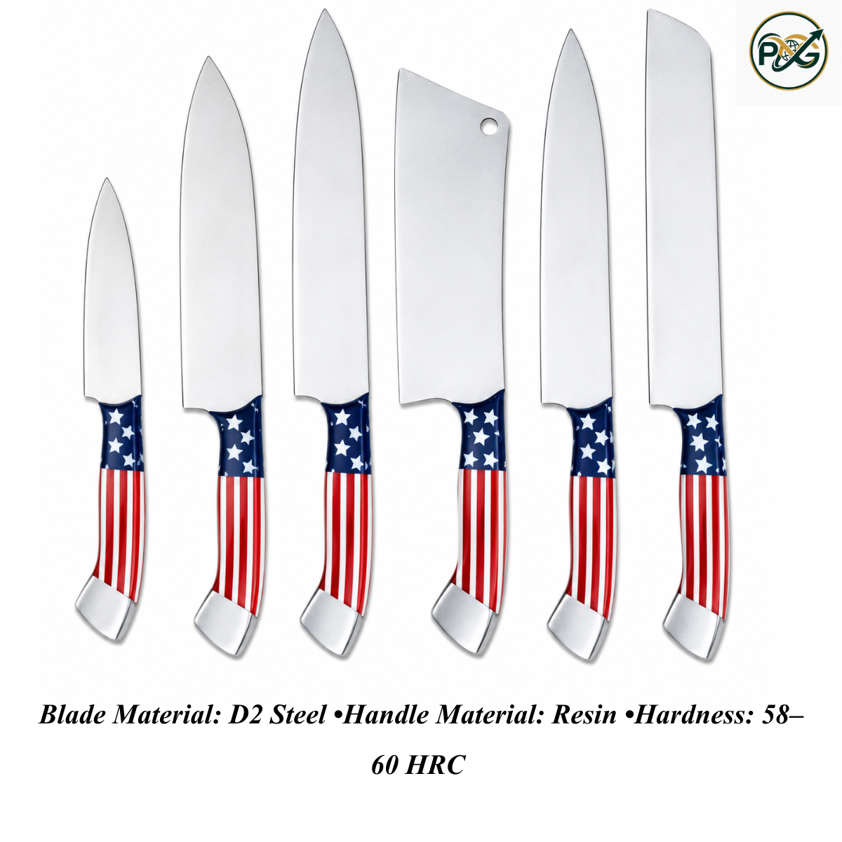6-Piece Kitchen Knife Set — Stars & Stripes Resin Handle handmade in Wazirabad, Punjab, Pakistan