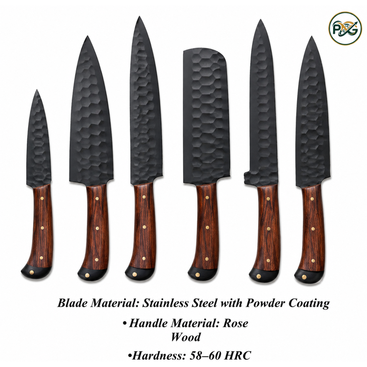 6-Piece Damascus Knife Set — Rose Wood Handle handmade in Wazirabad, Punjab, Pakistan