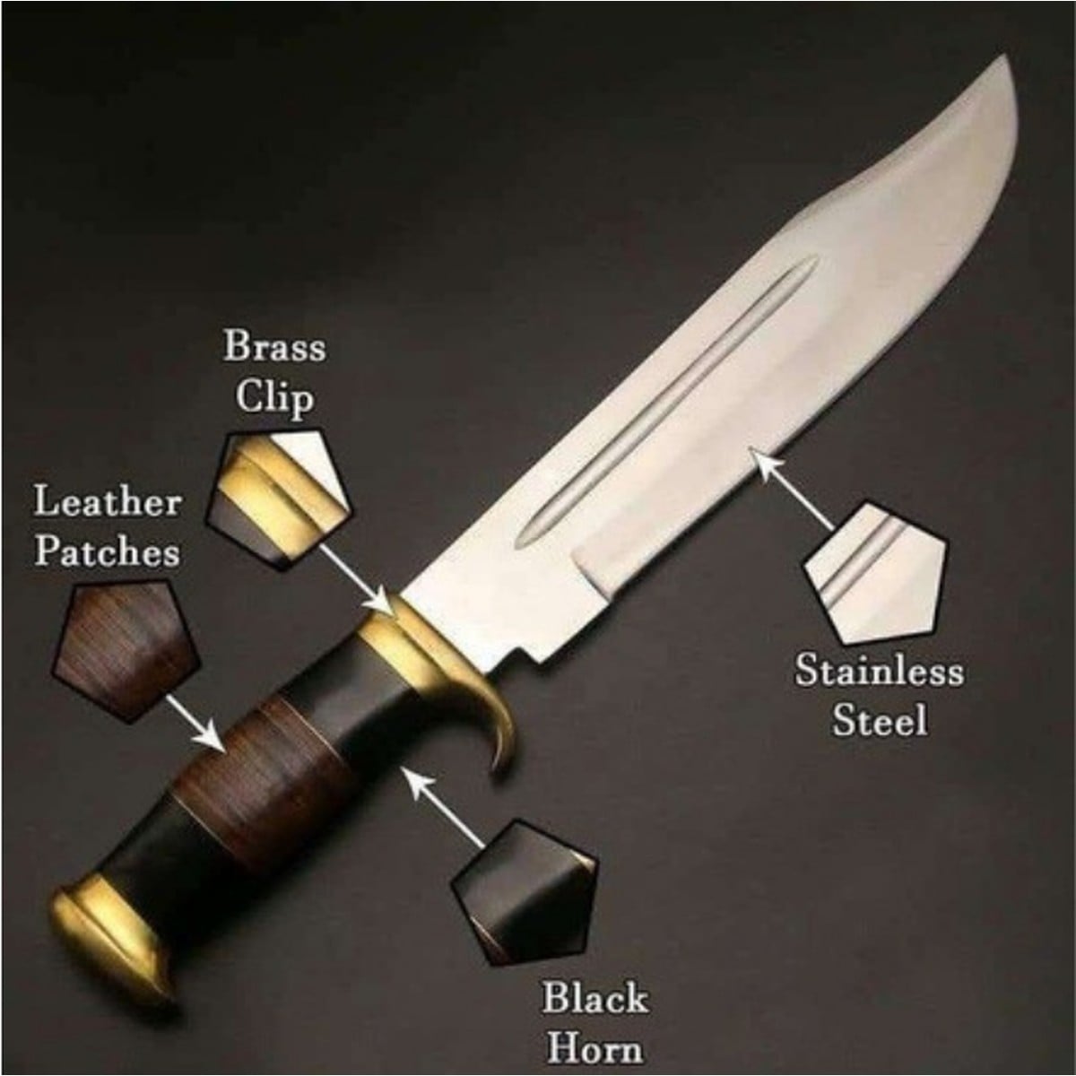Custom Handmade Black Horn Hunting Knife with Brass Clip handmade in Wazirabad, Punjab, Pakistan