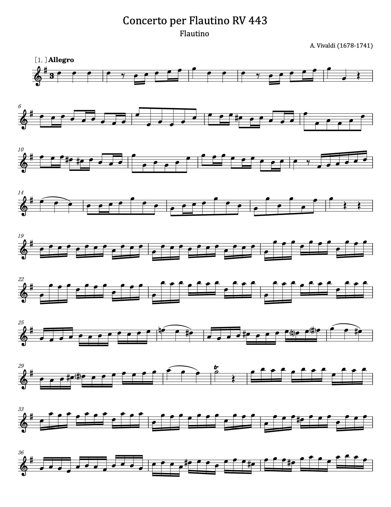 Vivaldi, Flautino Concerto RV 443, for Flute Solo In G Major, Sheet Music