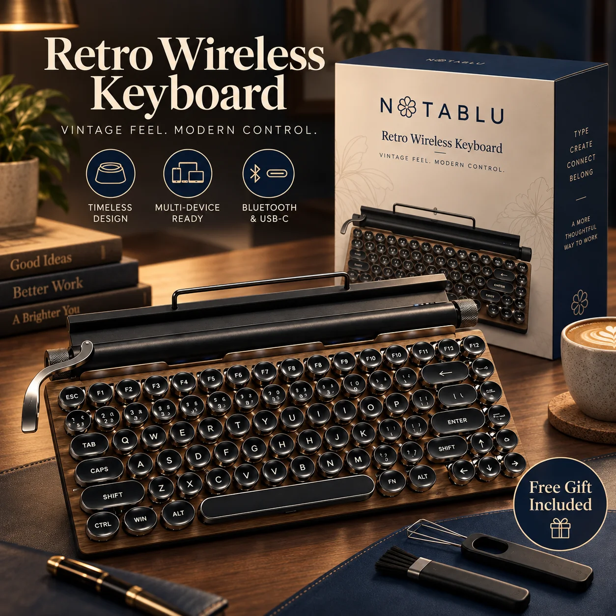 Notablu RetroType™ Wireless Keyboard – Less Switching, More Focus