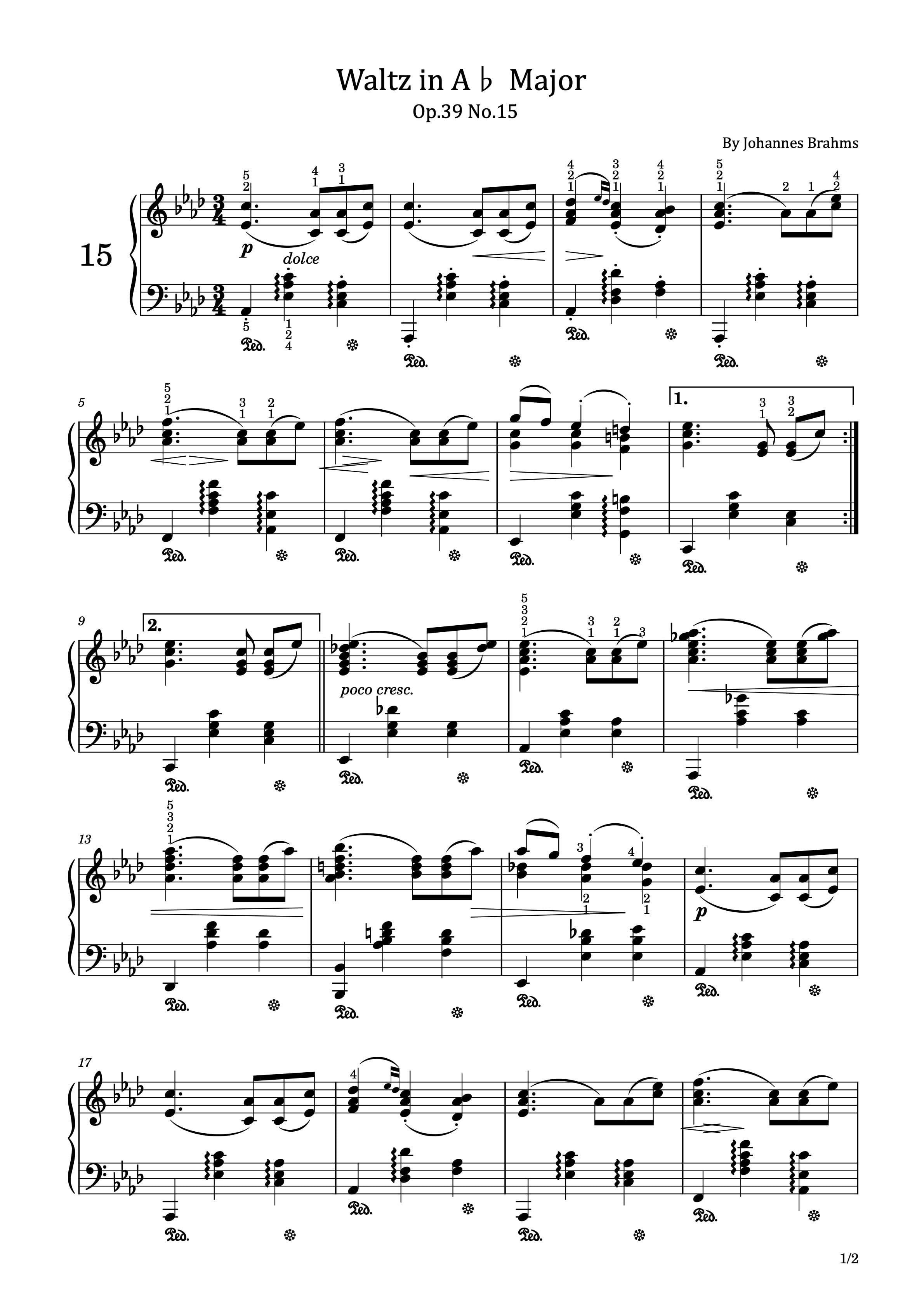Brahms, Waltz in A-flat Major Op.39 No.15, for Piano Original With Fingering
