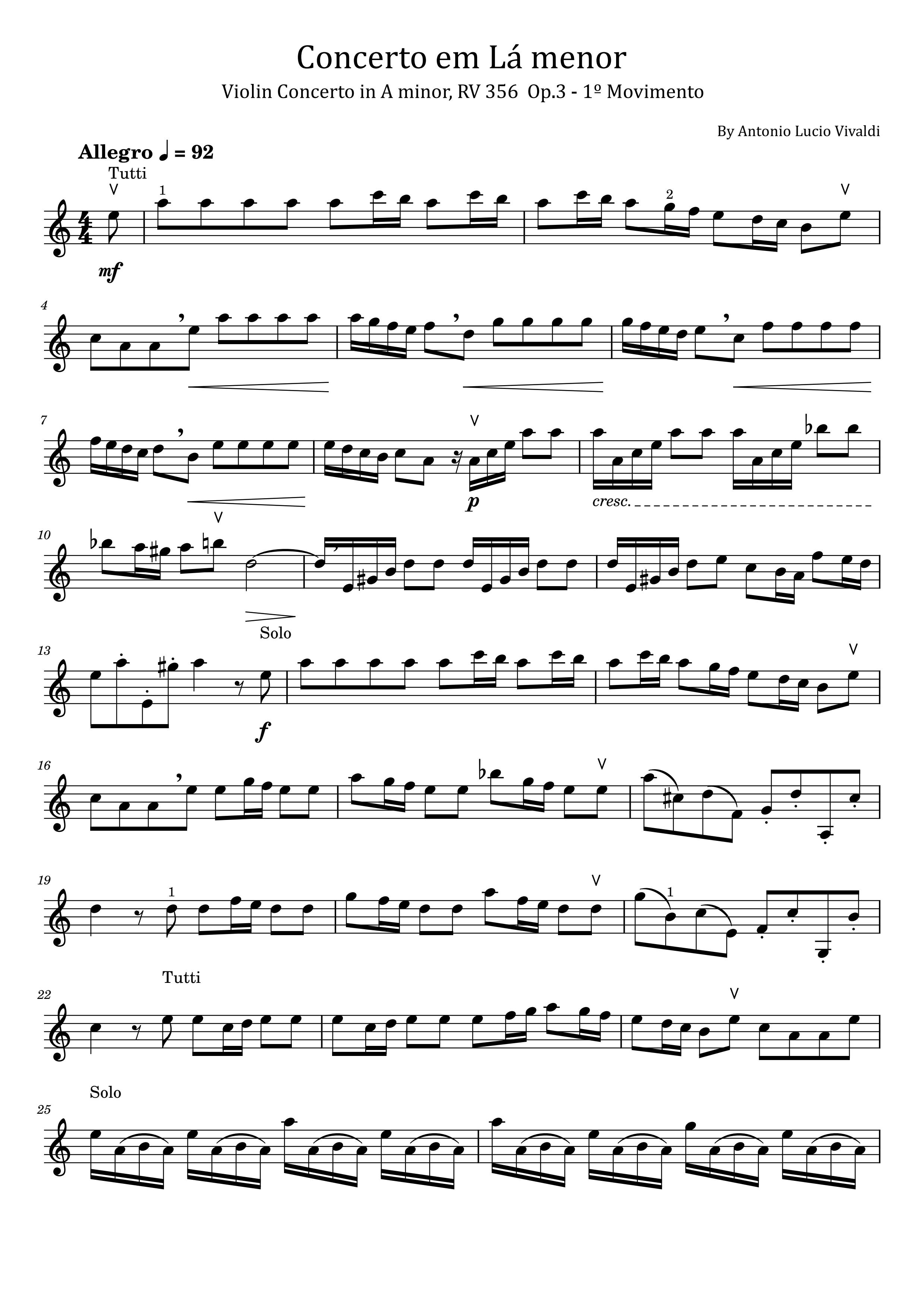 Vivaldi, Violin Concerto in A minor, RV 356 Op.3 1st Mov, for Violin Solo