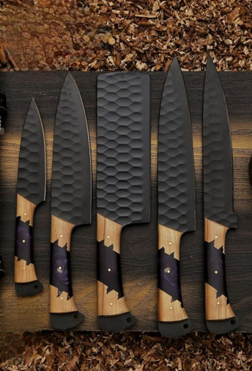 5-Pieces Black Hammered Chef Knife Set – Natural Wood Handle handmade in Wazirabad, Punjab, Pakistan
