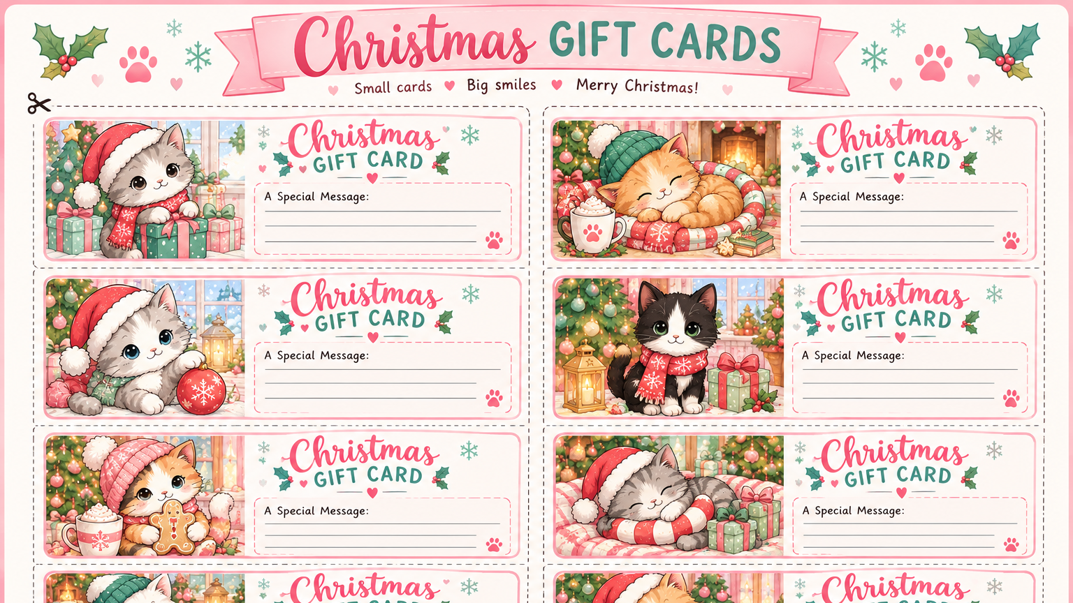 Printable Christmas Gift Cards with Pastel and Cat theme