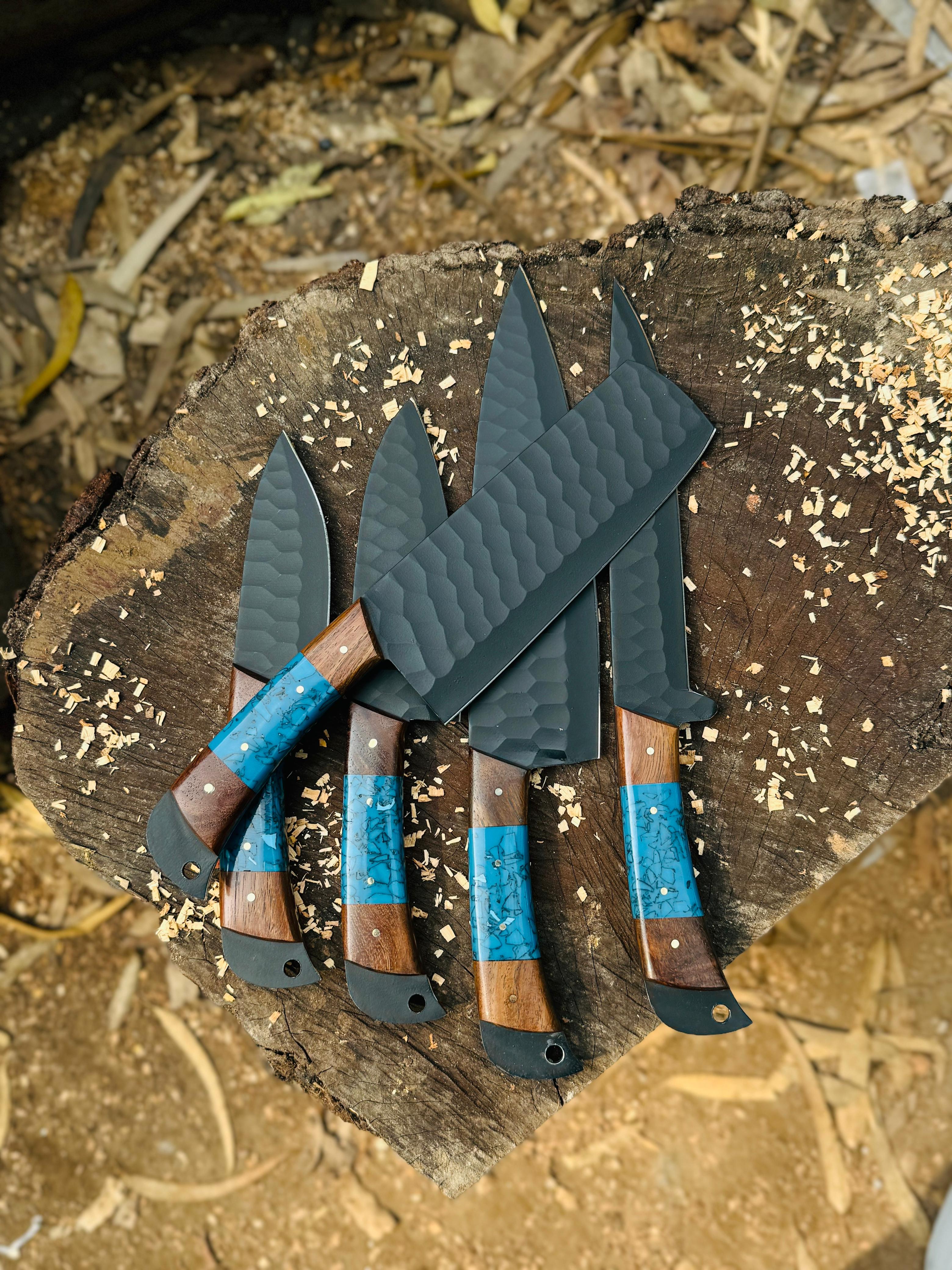 5-PiecesBlack Hammered Chef Knife Set – Blue Resin Handle handmade in Wazirabad, Punjab, Pakistan