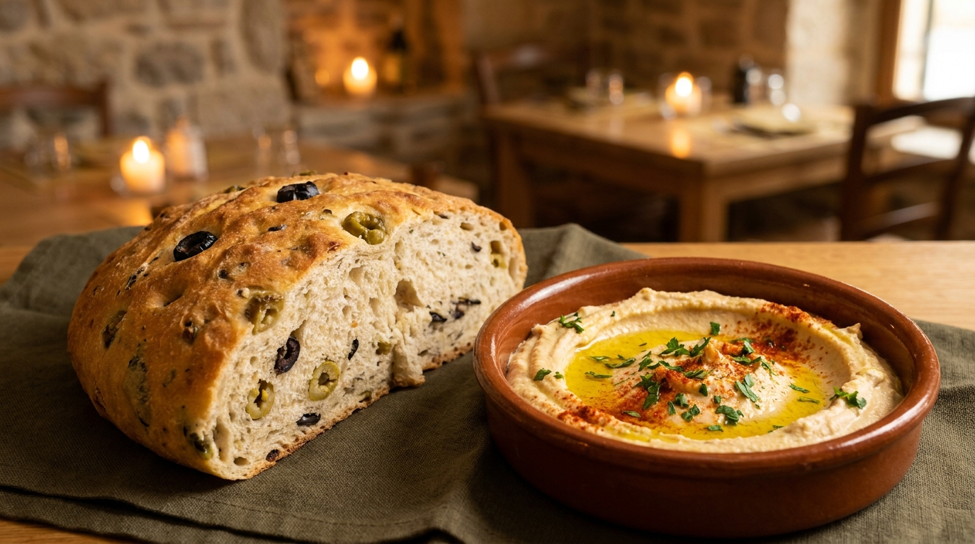 Pan de oliva y hummus