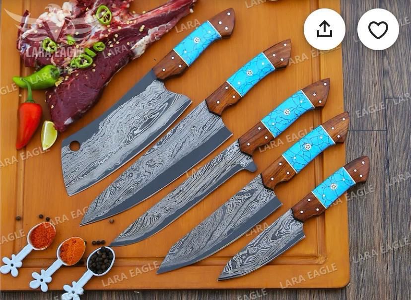 5-Pieces Premium Damascus Kitchen Knife Set – Blue Resin Handle handmade in Wazirabad, Punjab, Pakistan