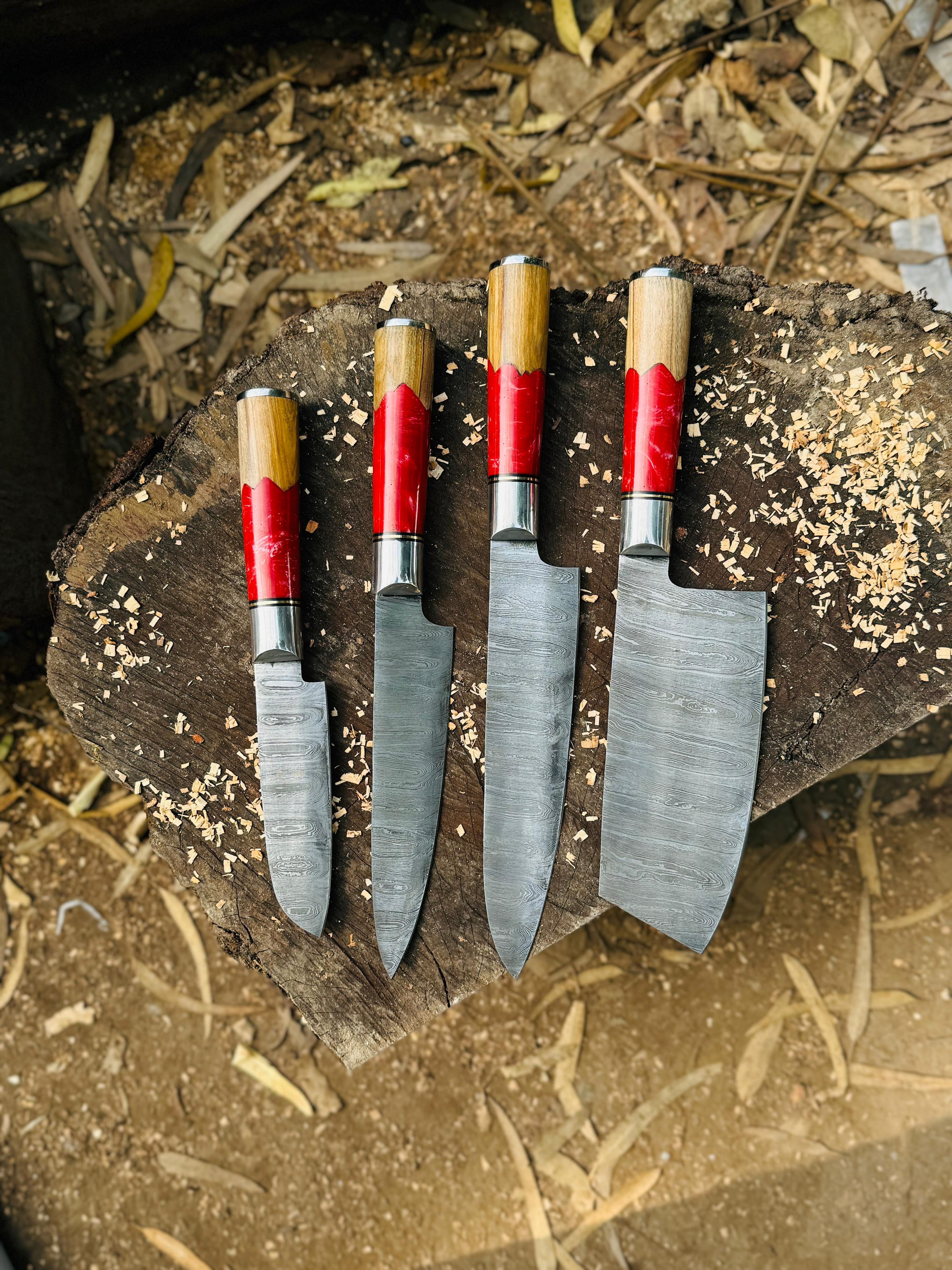 4-Pieces Damascus Kitchen Knife Set – Red Resin & Wood Handle handmade in Wazirabad, Punjab, Pakistan