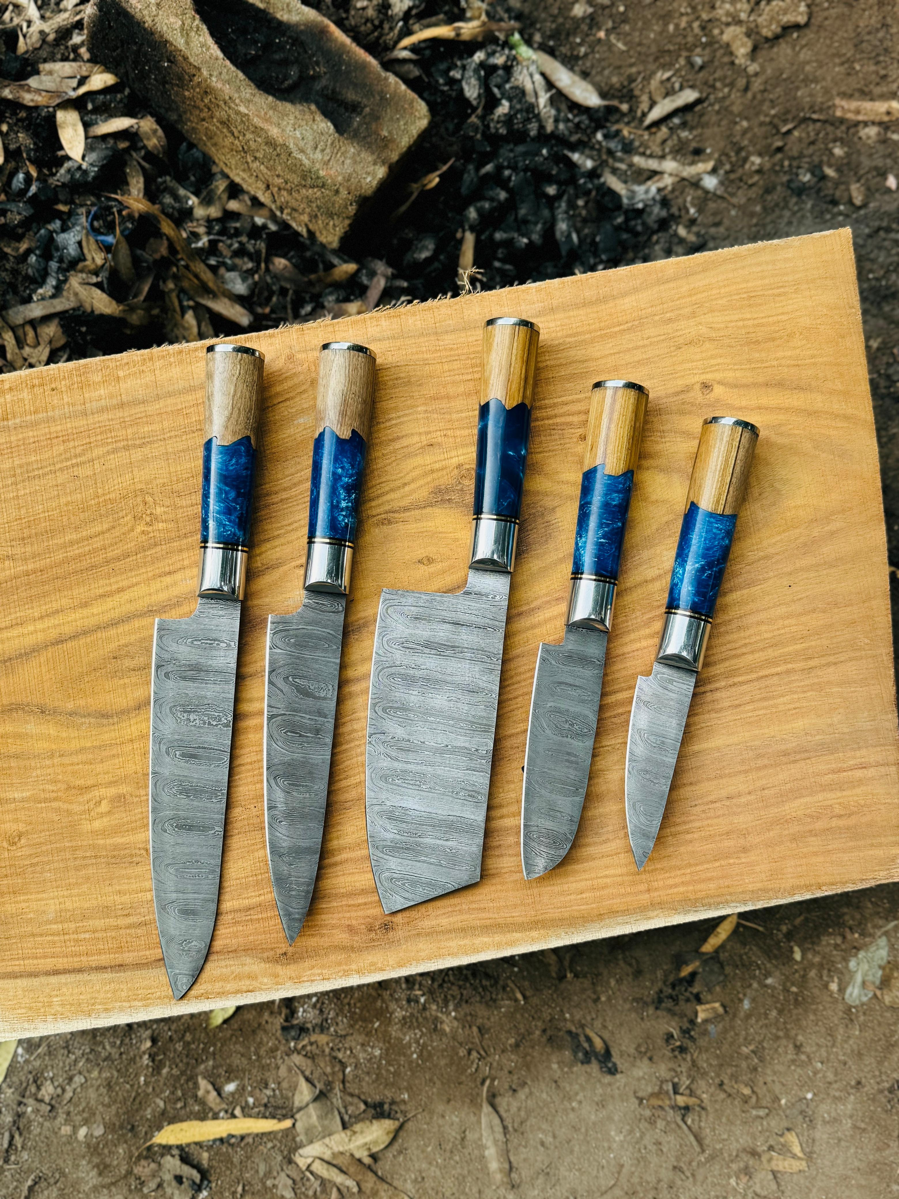 5-Pieces Damascus Kitchen Knife Set – Blue Resin & Wood Handle handmade in Wazirabad, Punjab, Pakistan