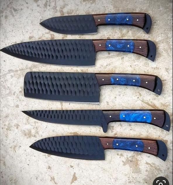 5-Pieces Black Hammered Kitchen Knife Set – Blue Resin Handle handmade in Wazirabad, Punjab, Pakistan