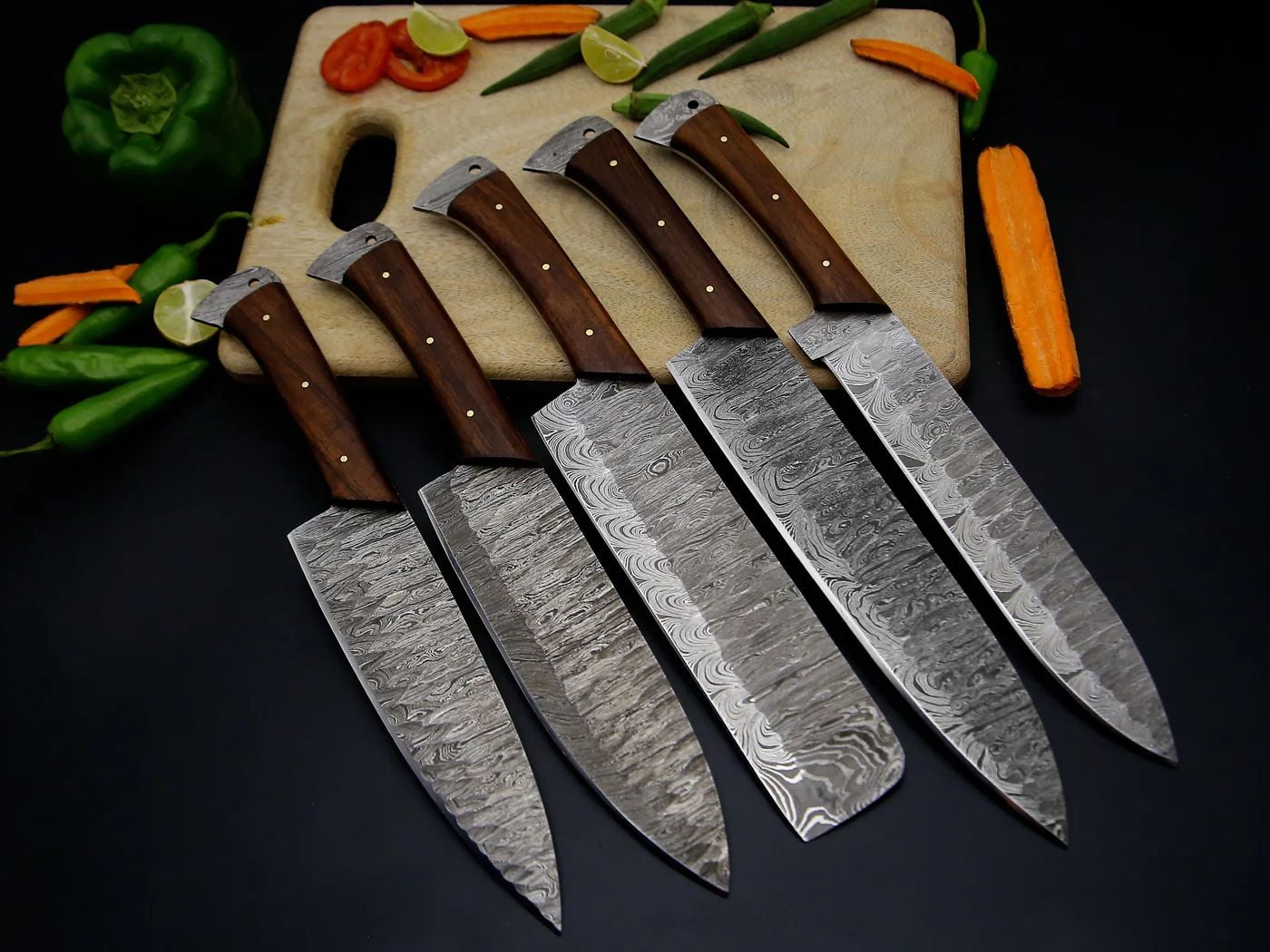 5-Piece Damascus Chef Knife Set – Brown Wooden Handle handmade in Wazirabad, Punjab, Pakistan