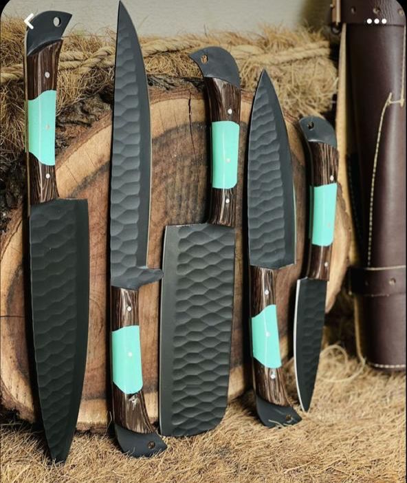 5-Pieces Black Hammered Chef Knife Set – Turquoise Resin Handle handmade in Wazirabad, Punjab, Pakistan