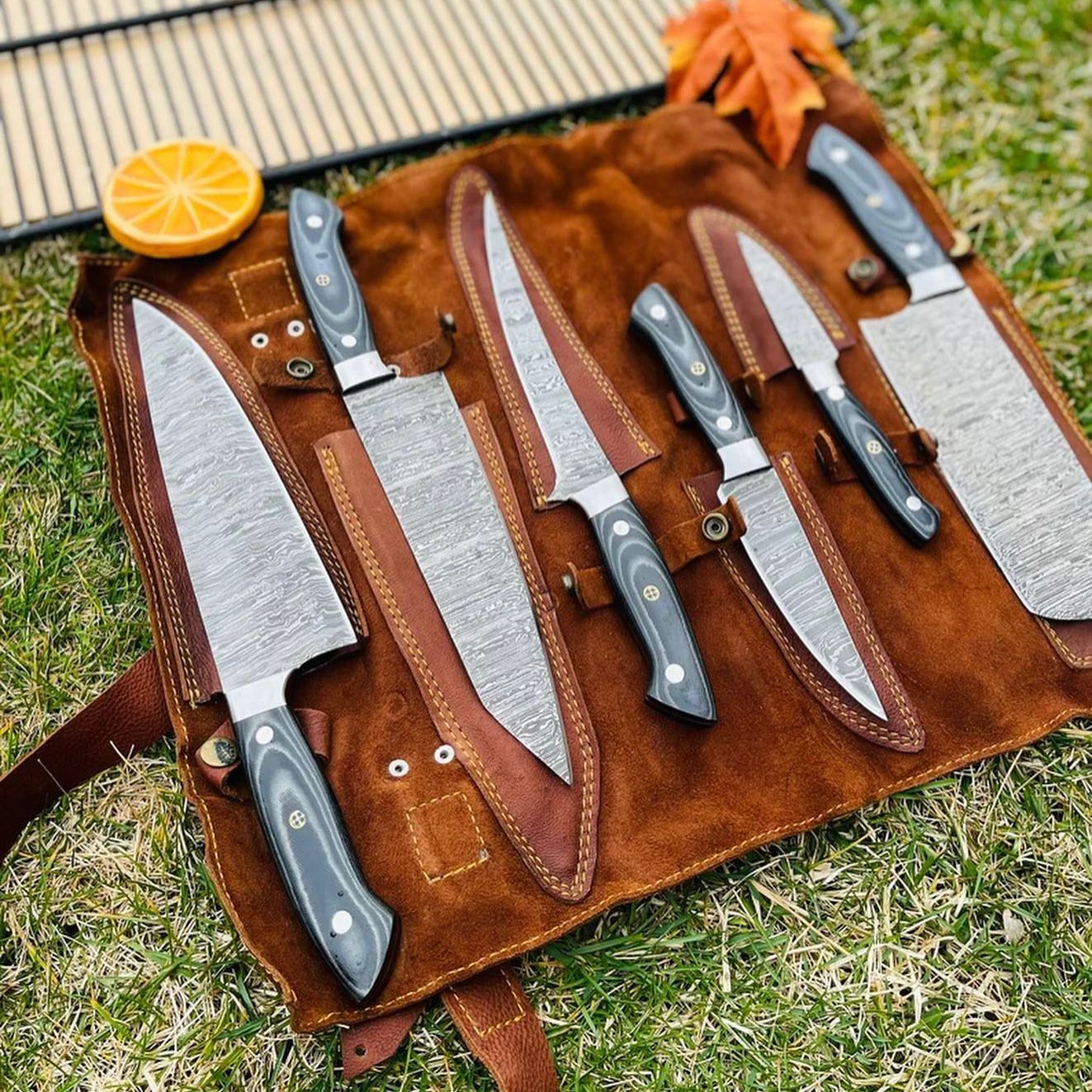 6-Pieces Damascus Chef Knife Set with Premium Leather Roll handmade in Wazirabad, Punjab, Pakistan